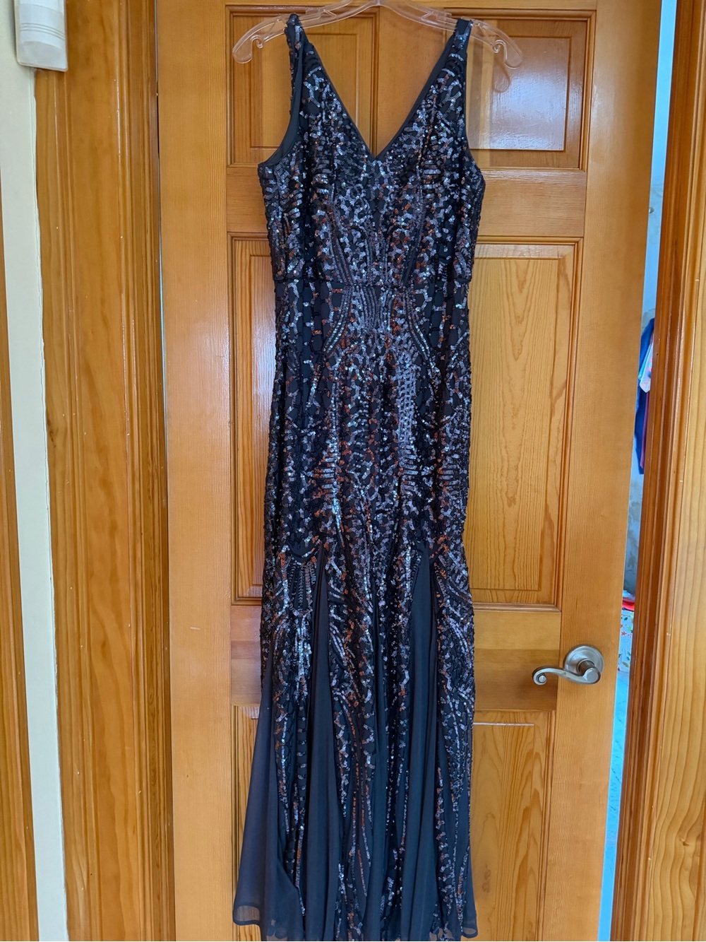 V-Neck Blue Sequin Evening Gown